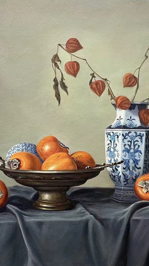 Still life:Persimmon beside Chinese vase by Kunlong Wang