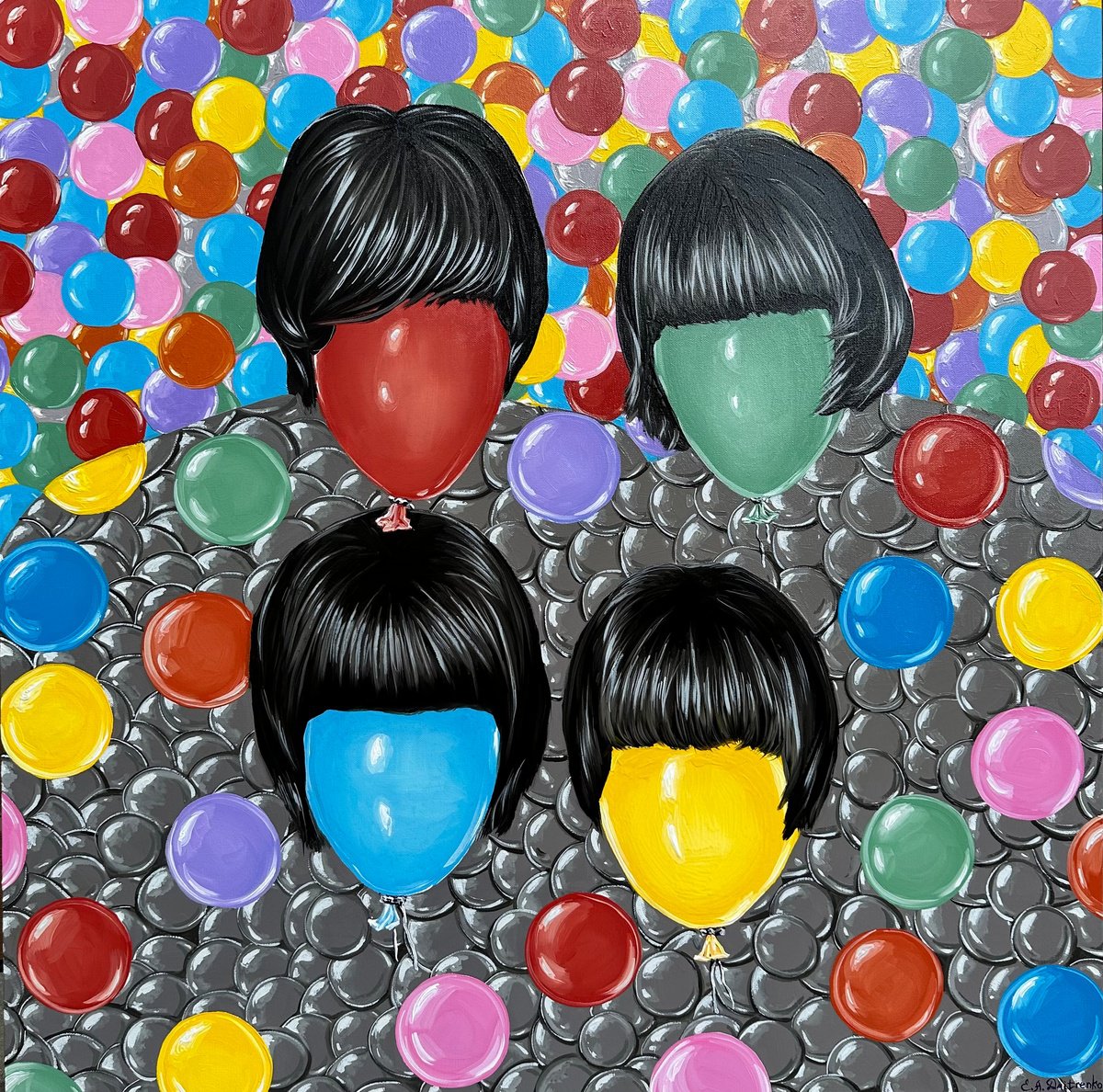 Surrealistic Portrait Oil Painting By Elena Adele Dmitrenko, 36 X 36, The Beatles Balloons, Original Artwork
