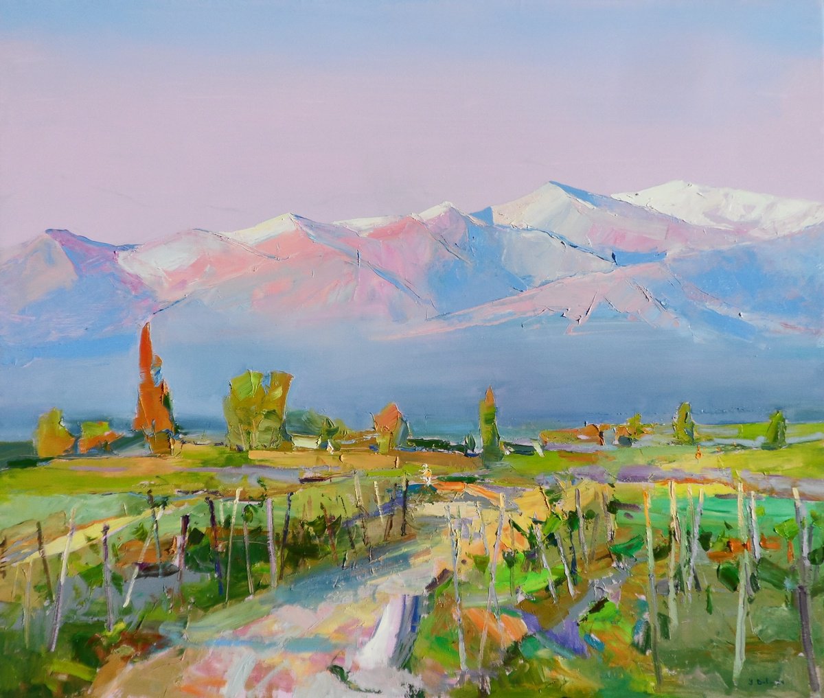 Impressionistic Landscape Oil Painting By Yehor Dulin, 39 X 31", Vineyards In The Mountains, Original Artwork
