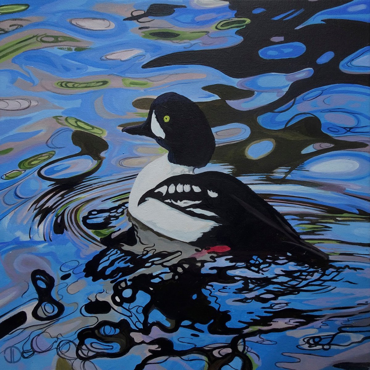 Impressionistic Animal Acrylic Painting By Joseph Lynch, 20 X 20, Goldeneye Duck, Original Artwork