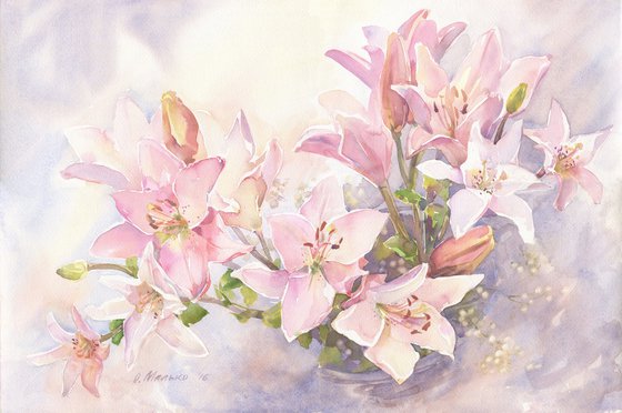 Evening lilies / ORIGINAL watercolor 22x15in (56x38cm)