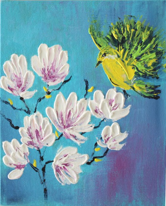 "Fly High with your Dreams" - Magnolia Tree & a cute little bird - Palette Knife Impasto Acrylic Painting on Canvas Board