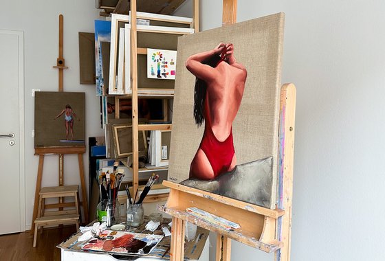Girl in Red Swimsuit - Woman on Beach Female Figure Painting