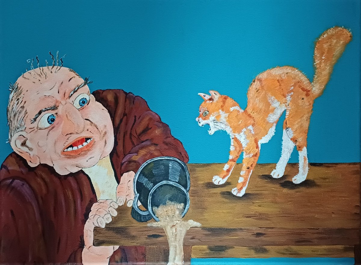 Naive Acrylic Painting , Man And The Cat By Corinne Hamer, 16 X 12, Artwork For Sale On Artfinder