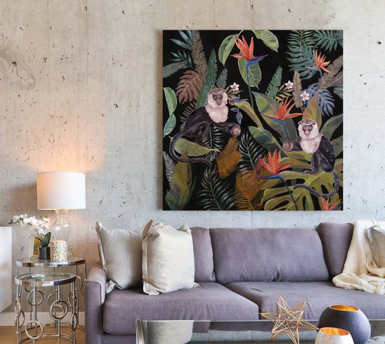 Jungle N°2  - Fern - Tropical - Monkeys - Art-Deco - Organic Floral, XL LARGE PAINTING