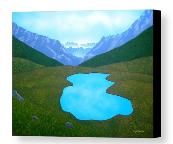 LAND OF DREAMS - GIFT IDEAS; HOME, OFFICE DECOR;  LARGE LANDSCAPE MOUNTAIN LAKE FOG AND MIST SPECTACULAR VIEW