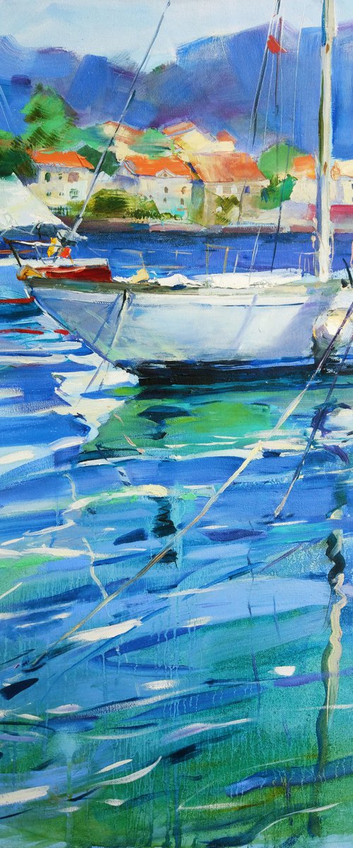 Yachts in Montenegro . Original plein air oil painting . by Helen Shukina