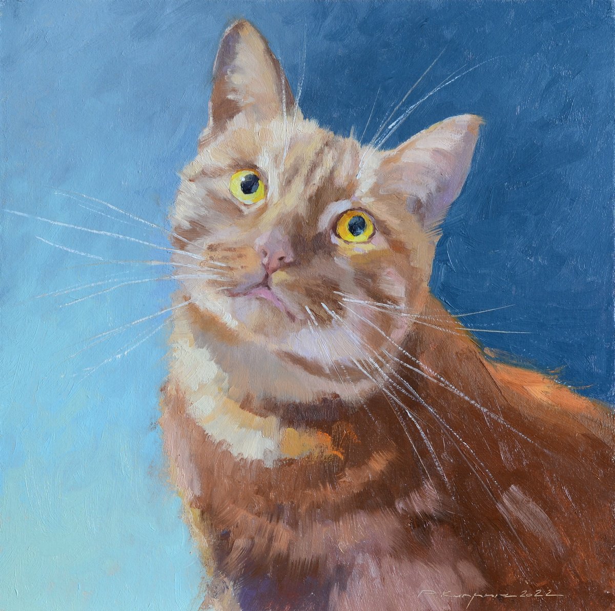 Impressionistic Animal Oil Painting By Ruslan Kiprych, 12 X 12", Attentive Cat, Original Artwork