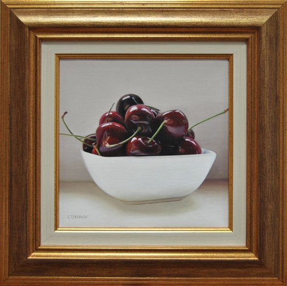 Still life with cherries , Original oil on canvas painting