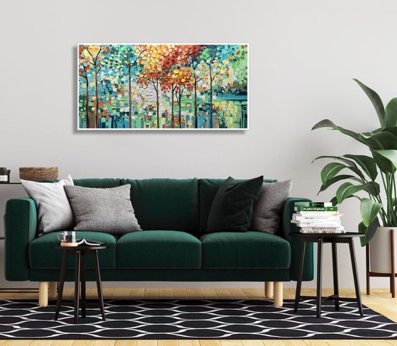 Emerald Moments - Abstract Colorful Trees Painting, Blossom Landscape Canvas Wall Art Painting, Large Abstract Landscape