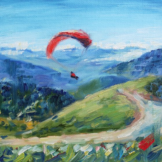 Oil painting Landscape Mountains Paraglider