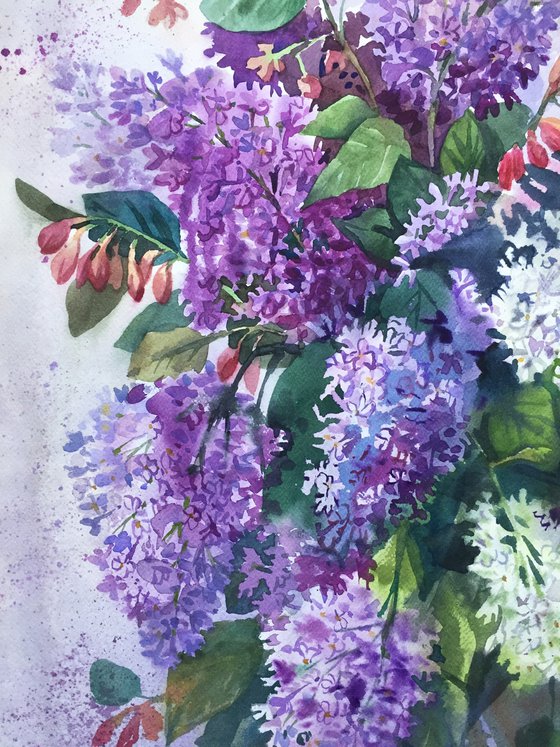 Lilac bouquet. Summer flowers painting