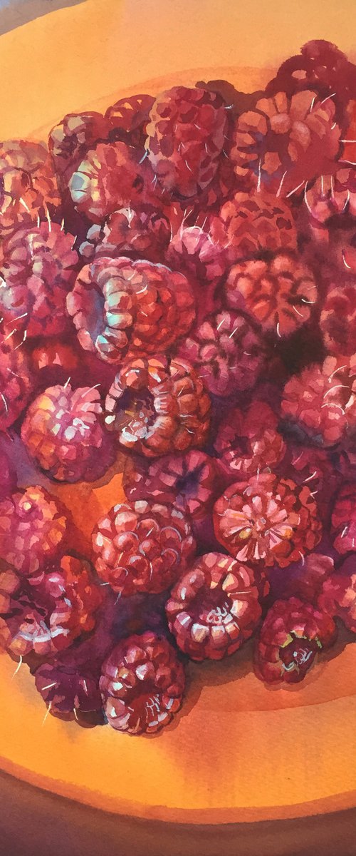 Still life with juicy raspberries. Painting with berries. by Natalia Veyner