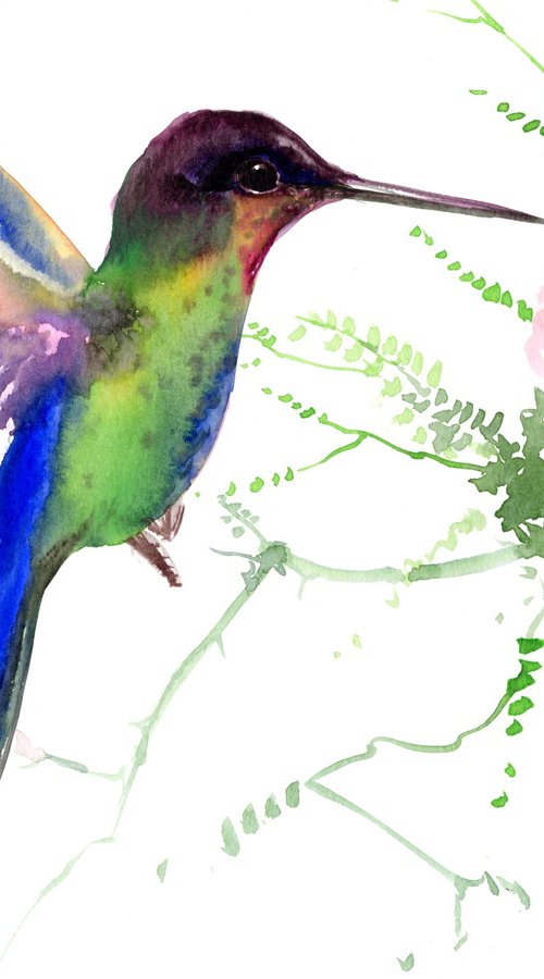 Hummingbird and Soft PInk tropical Flowers by Suren Nersisyan