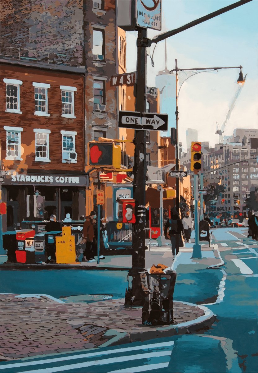 Photorealistic Cityscapes Acrylic Painting By Marco Barberio, 28 X 39", Starbucks Coffee, Original Artwork