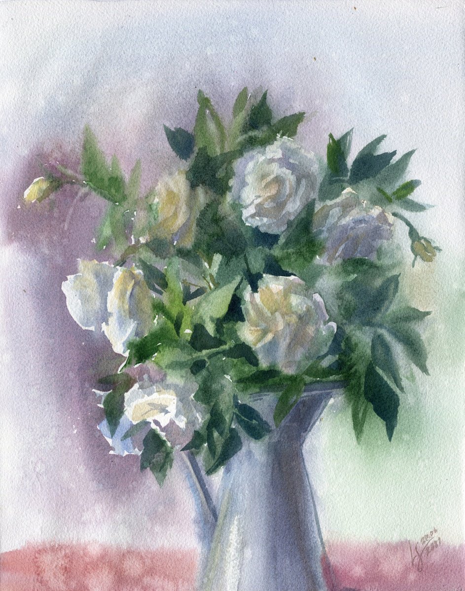 White roses in a vase by SVITLANA LAGUTINA