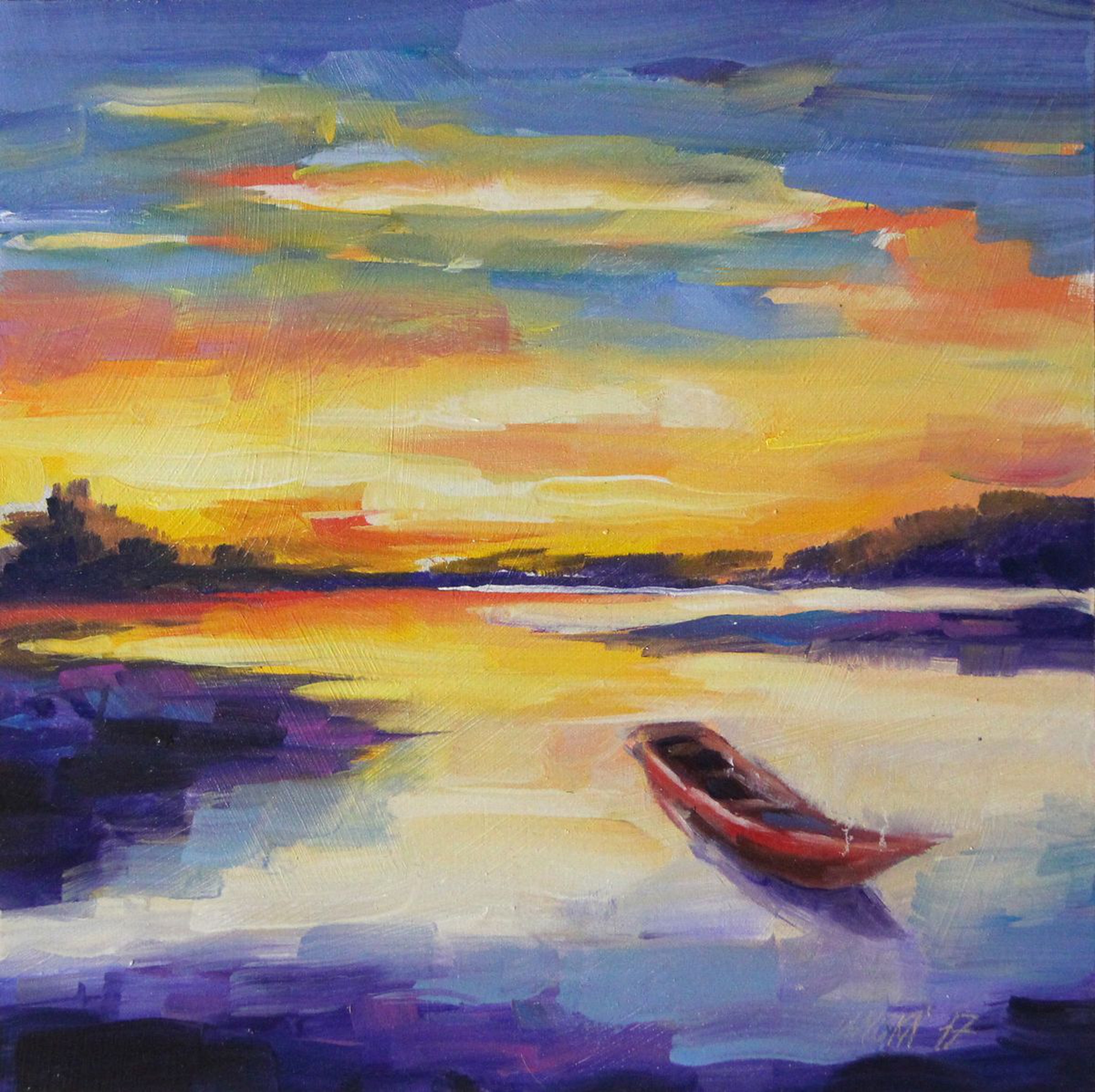 Landscape Painting With Boat Sunset Painting O Artfinder