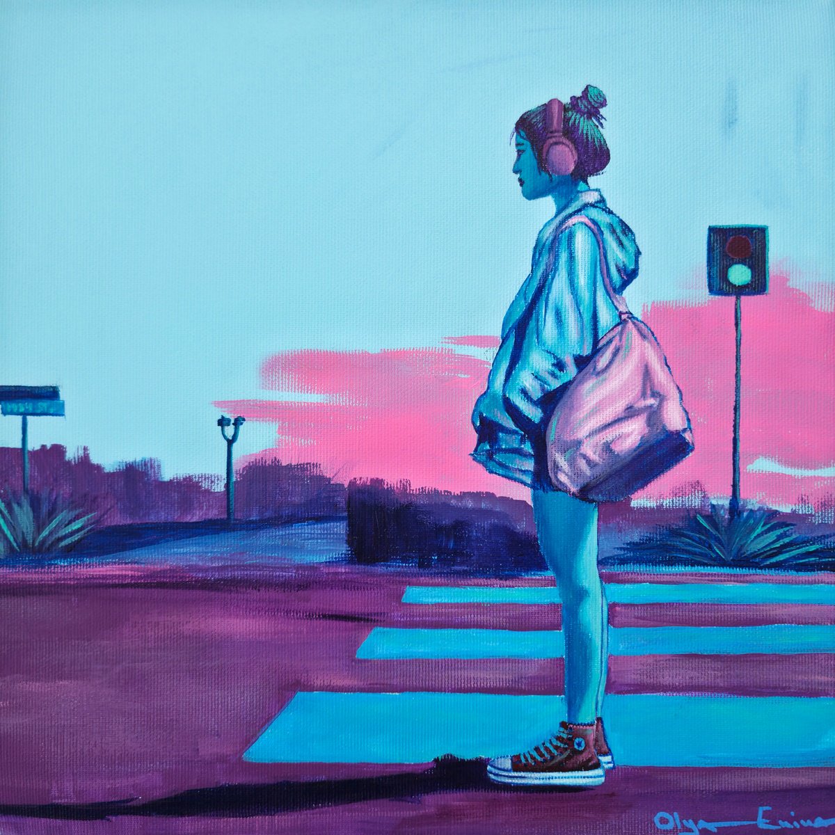 Illustrative Acrylic Painting , Not Every Green Light Is Meant For You By Olya Enina, 12 X 12, Artwork For Sale On Artfinder