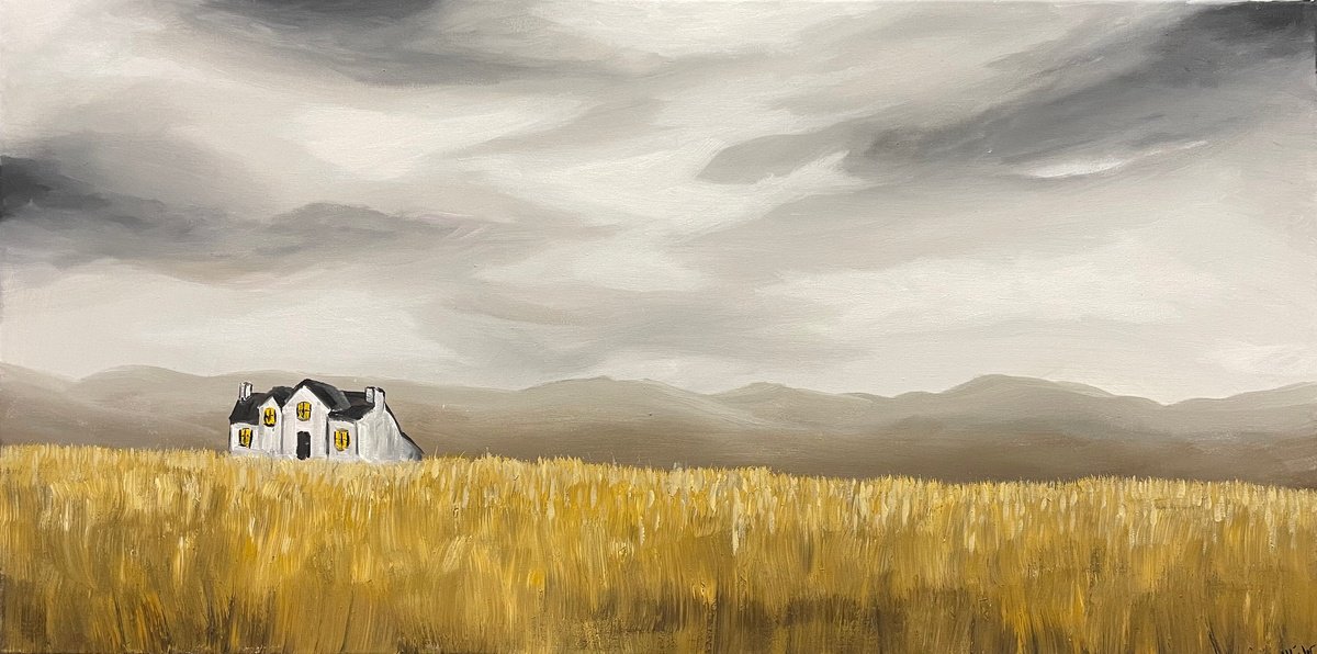 Impressionistic Landscape Acrylic Painting By Aisha Haider, 40 X 20, Cloudy Sky And Golden Fields, Original Artwork