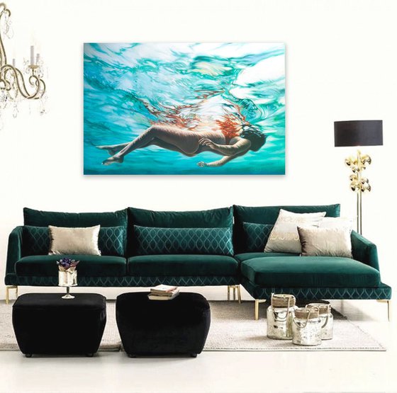 "I am water"Underwater art,Professional Swimmer Wall Decor, Swimmer Underwater Canvas,seascape art, Abstract Wall Art, Swimming Art,underwater painting