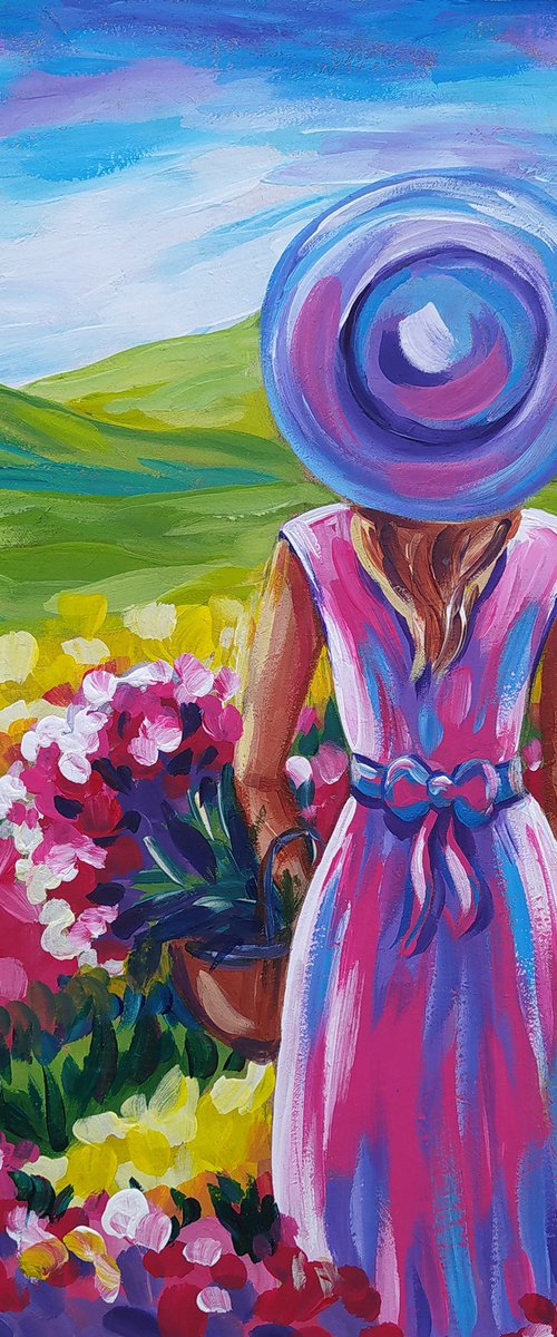 In flowers - acrylic painting, tulips, girl, woman, flowers, tulips field, relaxation, woman by Anastasia Kozorez