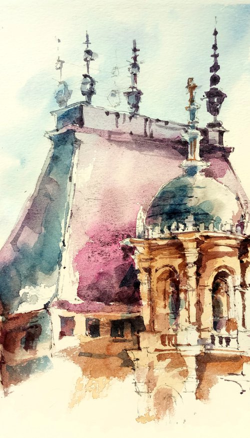 "Chateau d’Usse, France" architectural landscape - Original watercolor painting by Ksenia Selianko