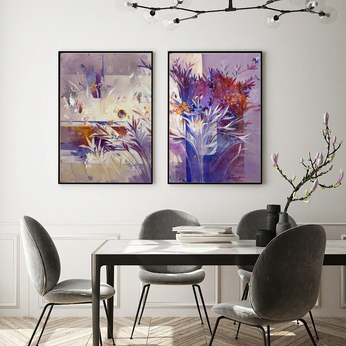 Abstract Botanical Oil Painting By Natalia Yampolskaia, 47 X 31", Harmony Of Autumn. Diptych, Original Artwork
