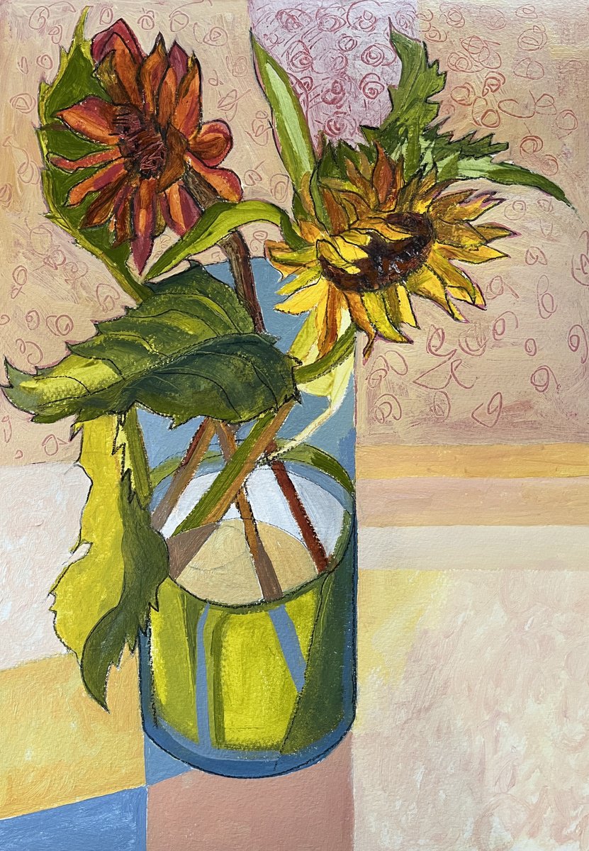 Illustrative Botanical Acrylic Painting By Christine Callum Mcinally, 11 X 17, Abstracted Sunflowers, Original Artwork