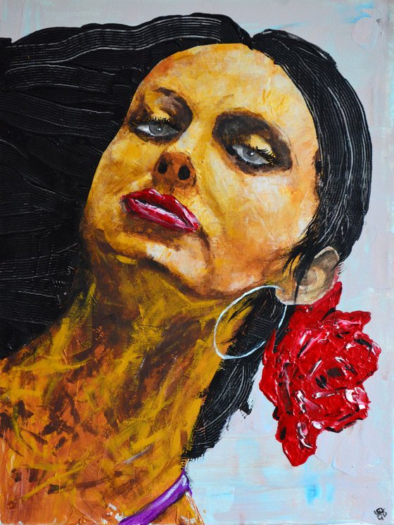 Women With Red Flower - Original Modern Portrait Art Painting on Canvas Ready To Hang