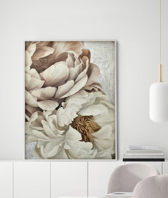 "Silk Flowers 2" White pink silver peonies
