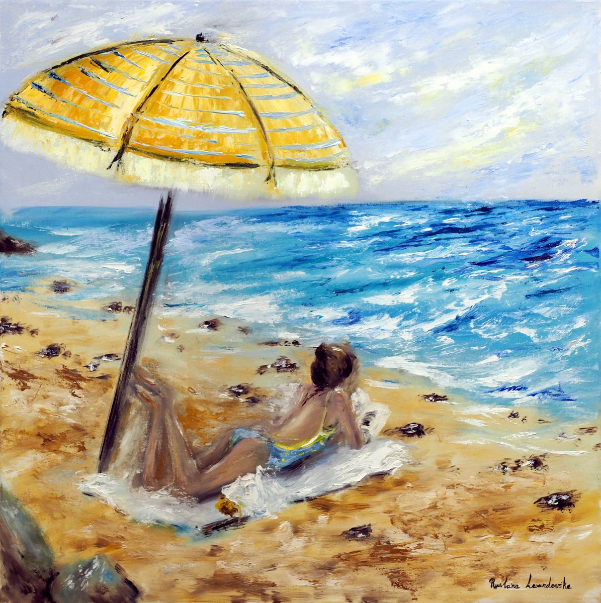 Impressionistic Landscape Oil Painting By Ruslana Levandovska, 24 X 24", Beach Day, Original Artwork