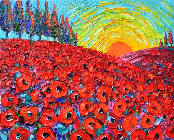 TUSCANY POPPIES HILLS - modern impressionist vibrant colorful floral palette knife oil painting