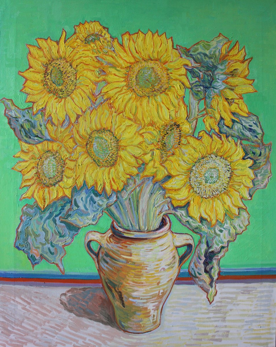Impressionistic Botanical Oil Painting By Nigel Dickerson, 28 X 36", Vase Of Sunflowers. Green, Original Artwork
