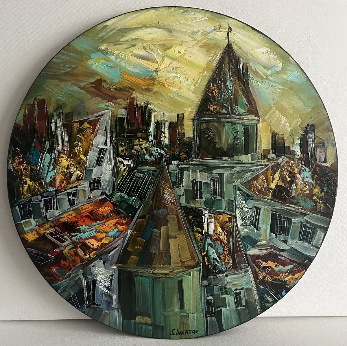 Abstract Cityscapes Oil Painting By Sergei Inkatov, 20 X 20", My Town, My Soul, Original Artwork