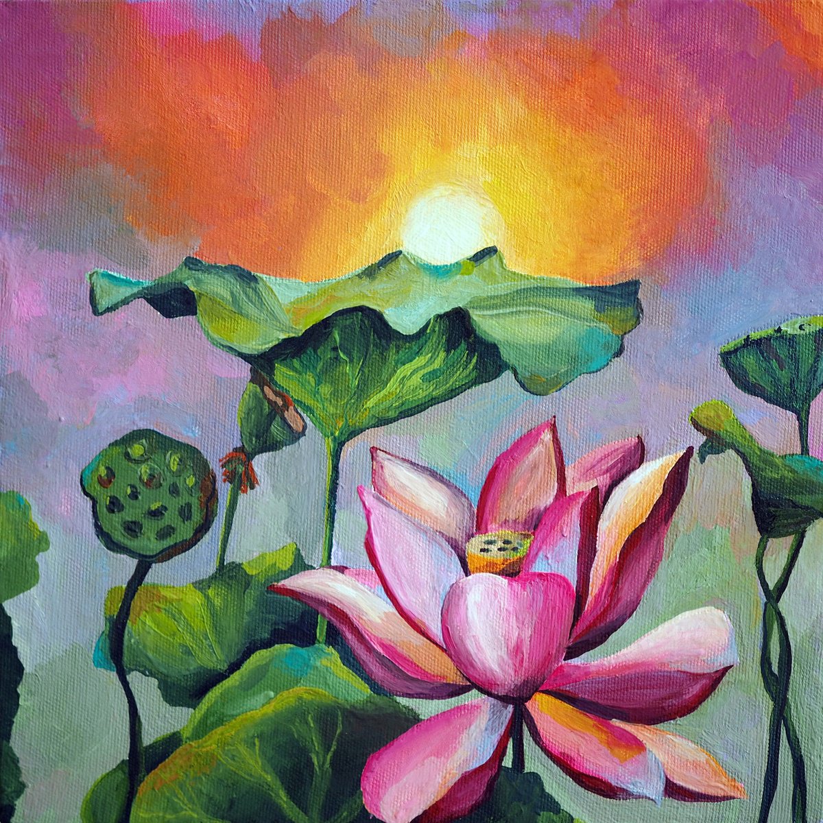 Impressionistic Botanical Painting By Delnara El, 10 X 10, Lotus Pond Sunset, Original Artwork
