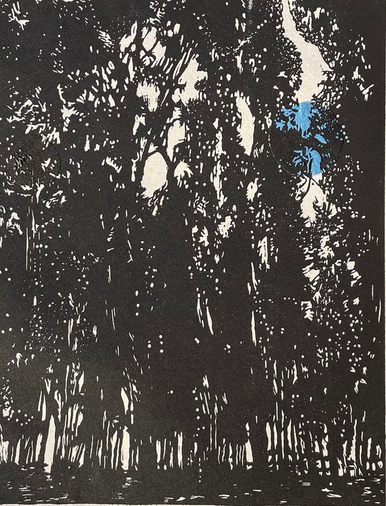 Through the Trees Linocut Print with chine collee