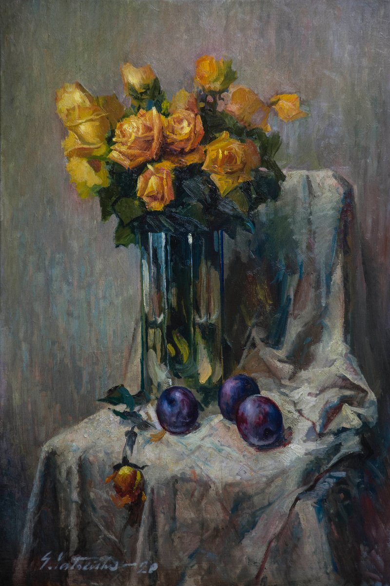 Yellow roses on a white background by Sergei Yatsenko