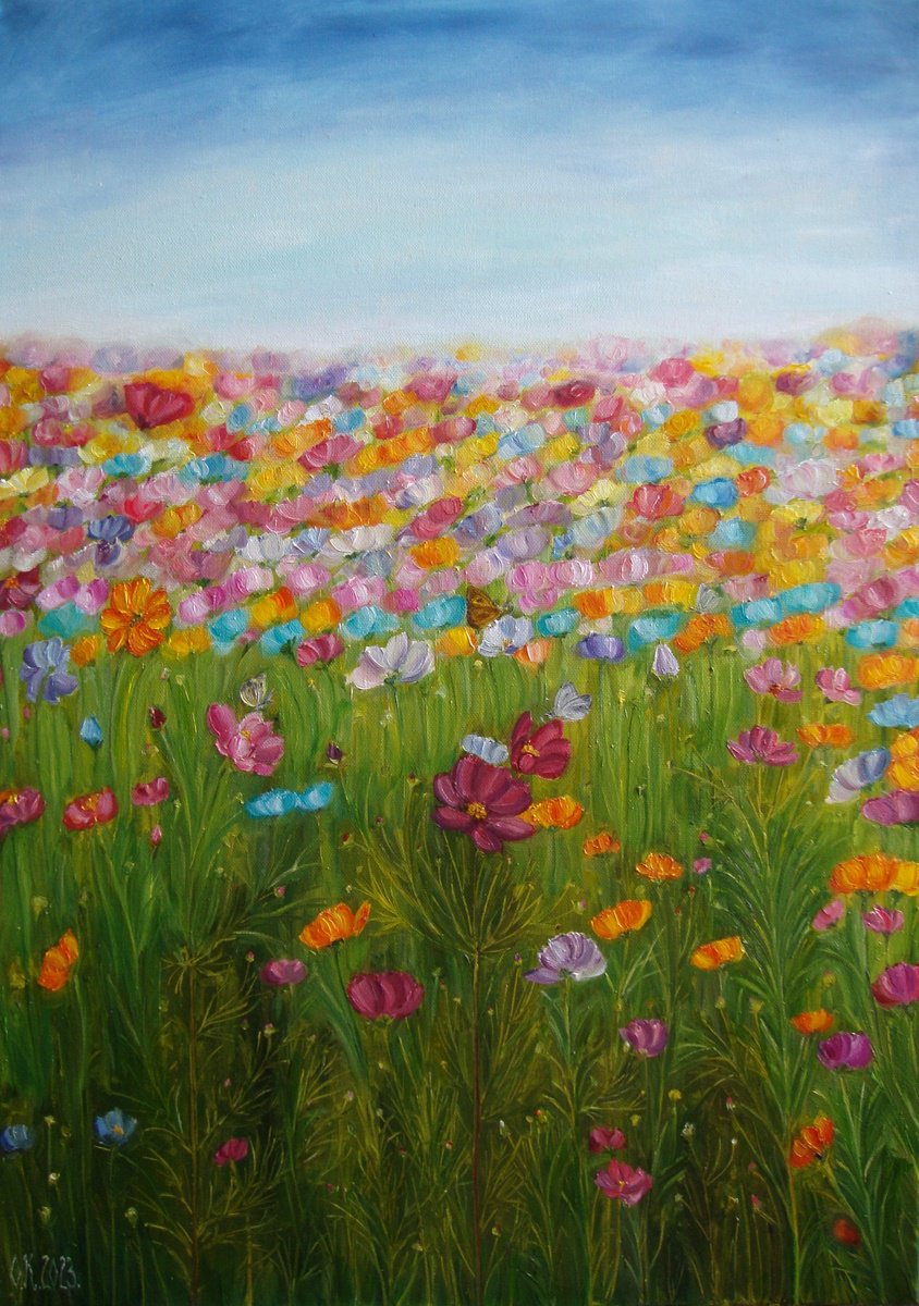Impressionistic Botanical Oil Painting By Olga Knezevic, 20 X 28", Summer Day, Original Artwork