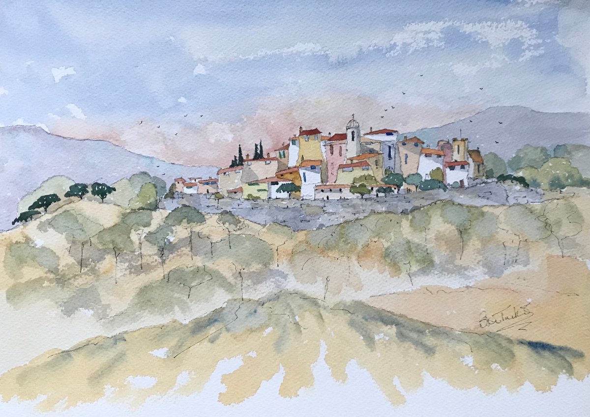 Impressionistic Landscape Watercolour By Brian Tucker, 14 X 10, Village In Provence 4, Original Artwork