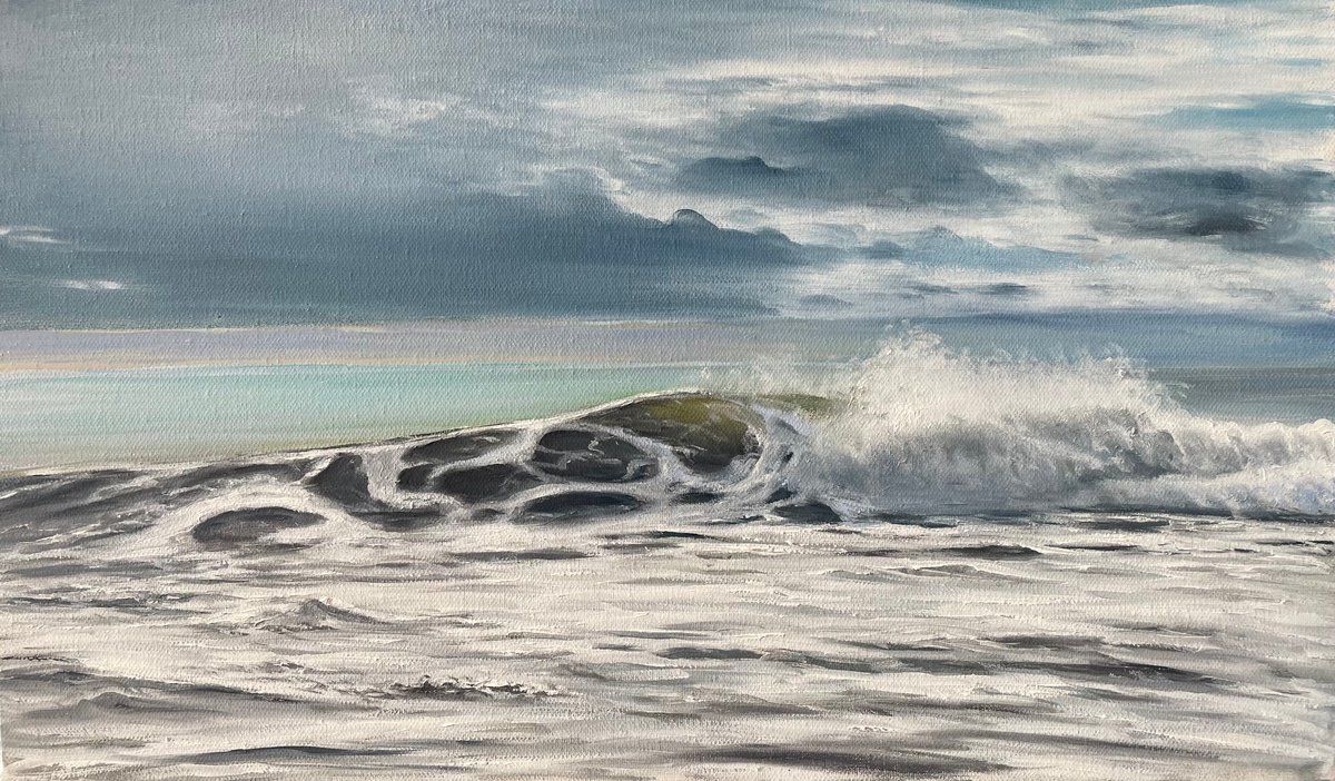 Photorealistic Landscape Oil Painting By Aflatun Israilov, 20 X 12, Ocean Wave, Original Artwork