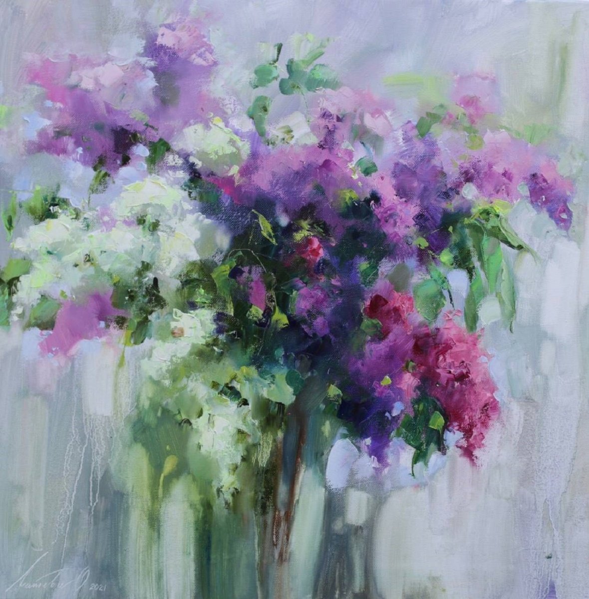 Botanical Oil Painting By Olha Laptieva, 24 X 24", Lilac, Original Artwork