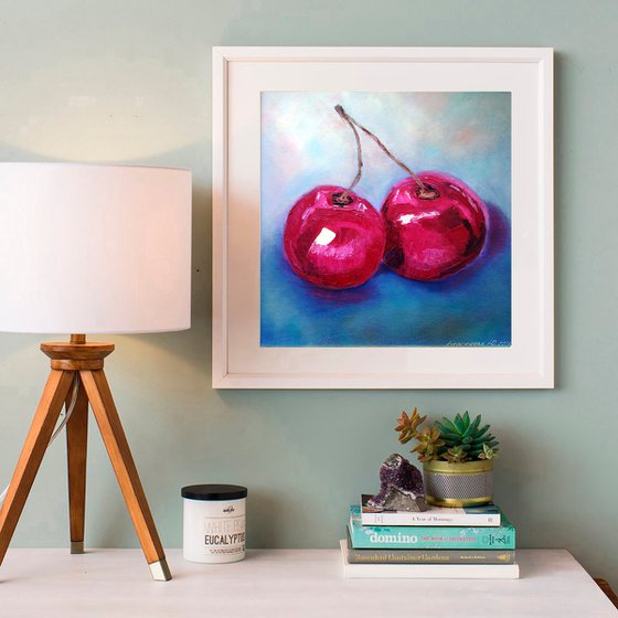 Cherry Painting Original Art Fruit Artwork Berries Still Life Wall Art Couple Cherries Painting