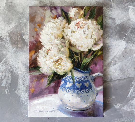 Peony oil painting original, White flowers in art painting on canvas, Peonies small paintings, Flowers oil painting, Floral painting