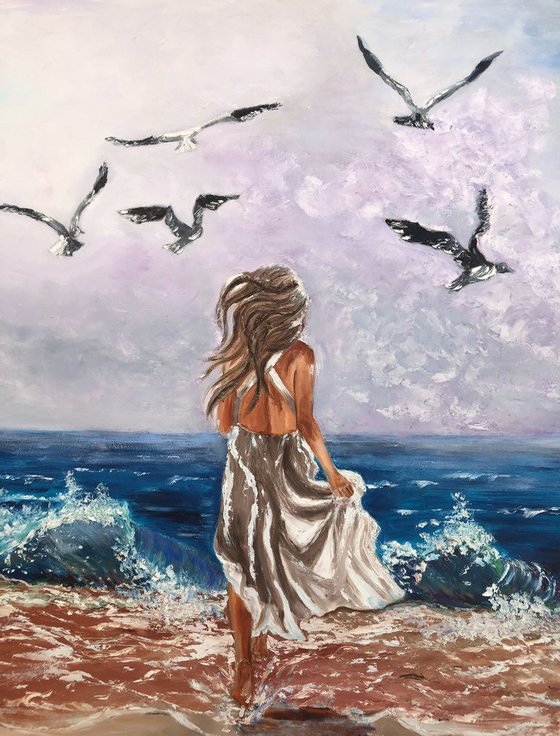 chasing the seagulls    pallette knife painting art decor wall art