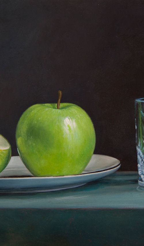 Green Apples with Glass (Original Oil Painting) by Mayrig Simonjan