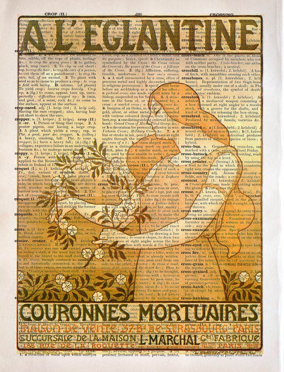 A L'Eglantine Couronnes Mortuaires - Collage Art Print on Large Real English Dictionary Vintage Book Page