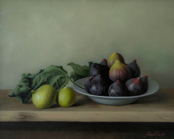 Three types of figs, 40x50cm, oil on linen 2018, original classic still life