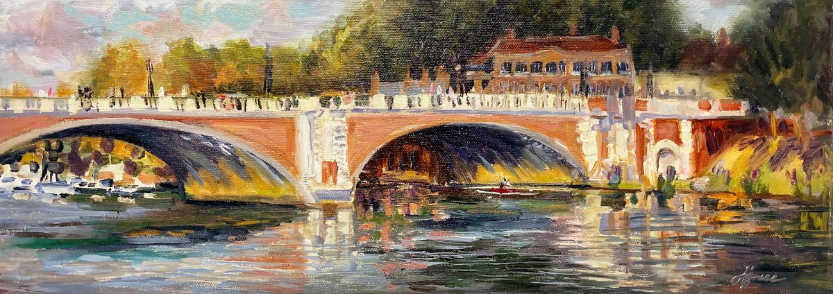 Impressionistic Landscape Oil Painting By Hannah Bruce, 18 X 6, Hampton Court Bridge, Original Artwork