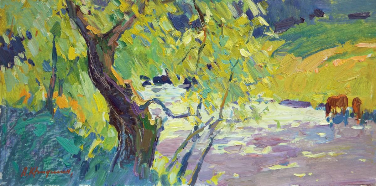 Impressionistic Landscape Oil Painting By Aleksandr Kryushyn, 20 X 9, Hot Summer. By The River., Original Artwork