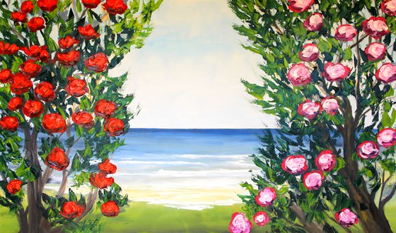Camellia tree. Original oil painting on canvas